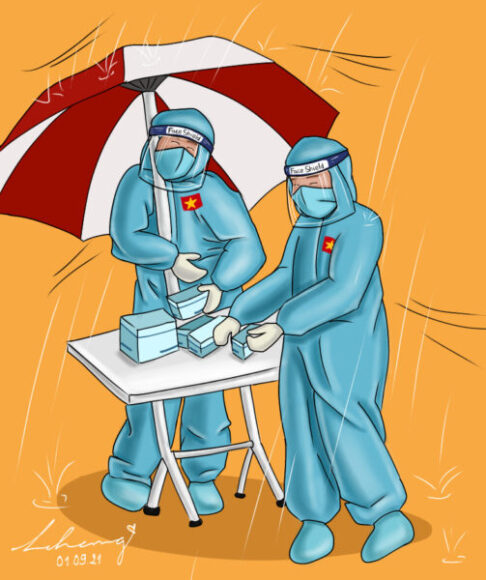 vẽ tranh đề tài bác sĩ chống dịch sự vất vả trong công tác