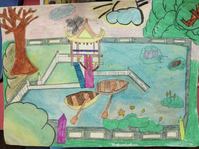 Vẽ tranh Hà Nội đơn giản nơi chùa một cột