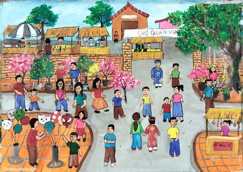 Vẽ tranh tình yêu quê hương đất nước Việt Nam cảnh chợ tết