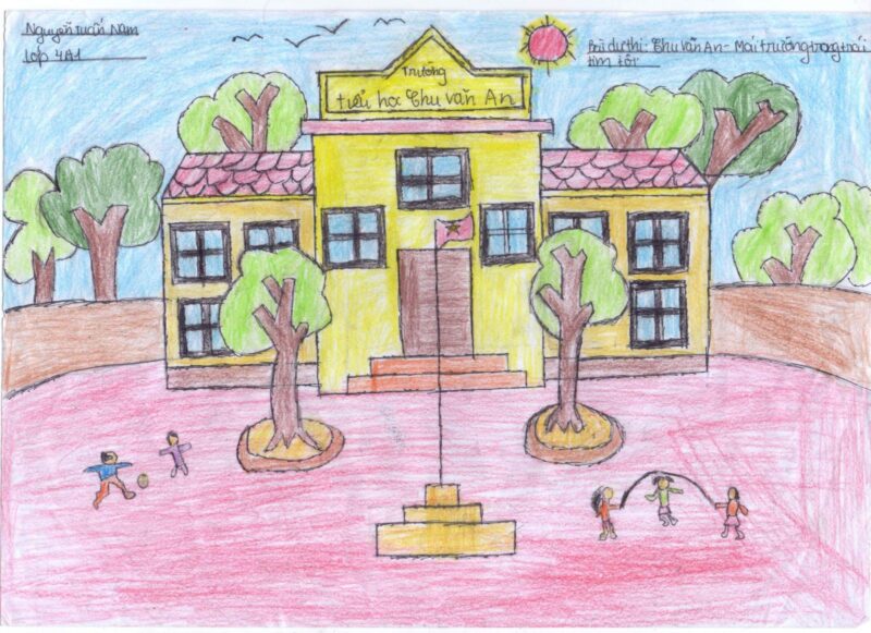 vẽ tranh trường học hạnh phúc bằng sáp màu của học sinh tiểu học