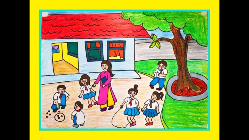 vẽ tranh trường học hạnh phúc vui chơi cùng cô giáo