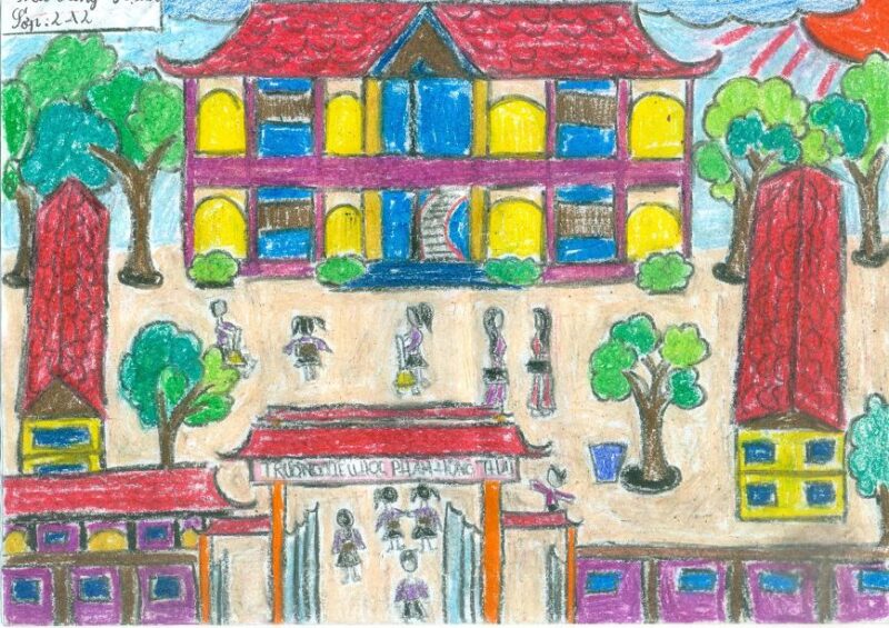 vẽ tranh vẽ trường học hạnh phúc bằng sáp mà của học sinh lớp 2