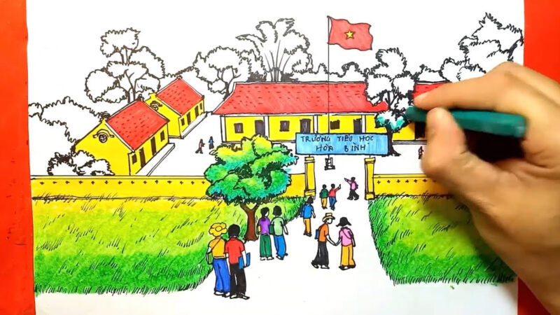 vẽ tranh vẽ trường học hạnh phúc ở nông thôn