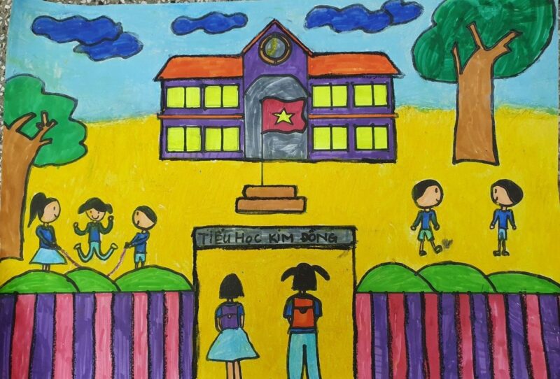 vẽ tranh vẽ trường học hạnh phúc trường tiểu học của em