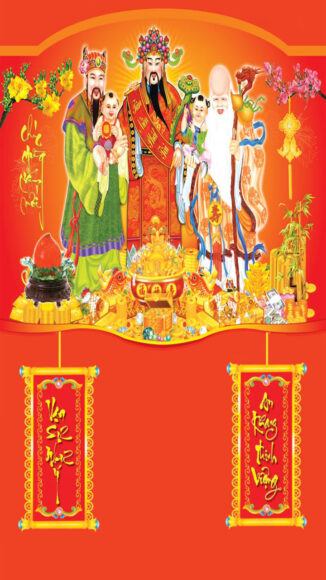 Hình nền Phúc Lộc Thọ bên câu đối