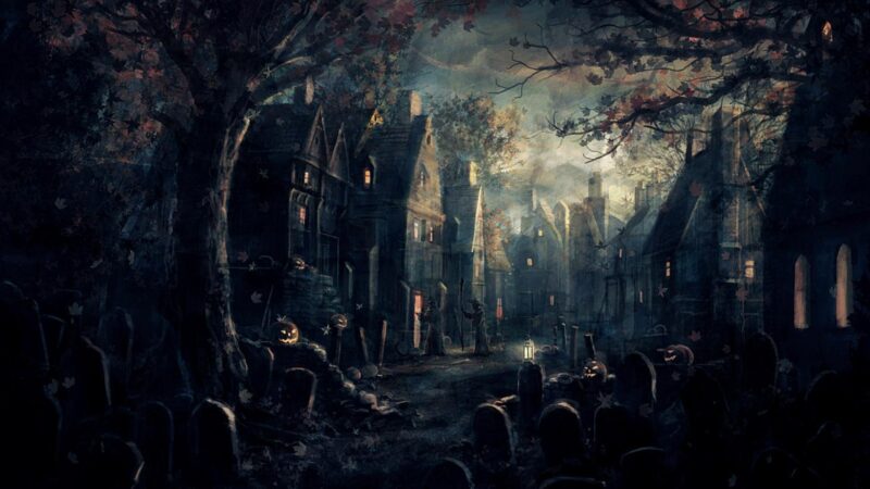 hình bìa Halloween ngôi làng kinh dị