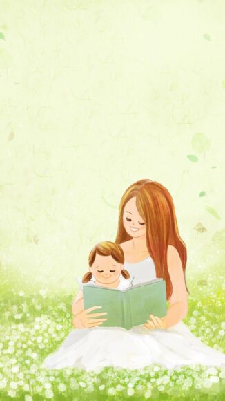 Ảnh vẽ mẹ và con gái đẹp đang ngồi đọc sách trên nền hoa cỏ
