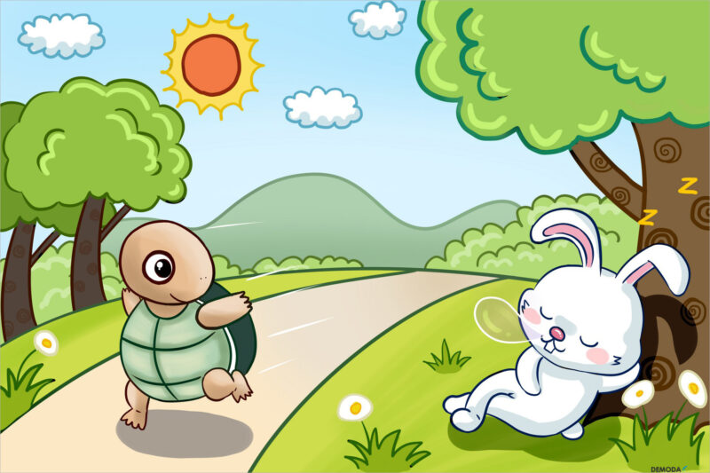 Hình Rùa và Thỏ trong cuộc thi chạy và câu chuyện ý nghĩa