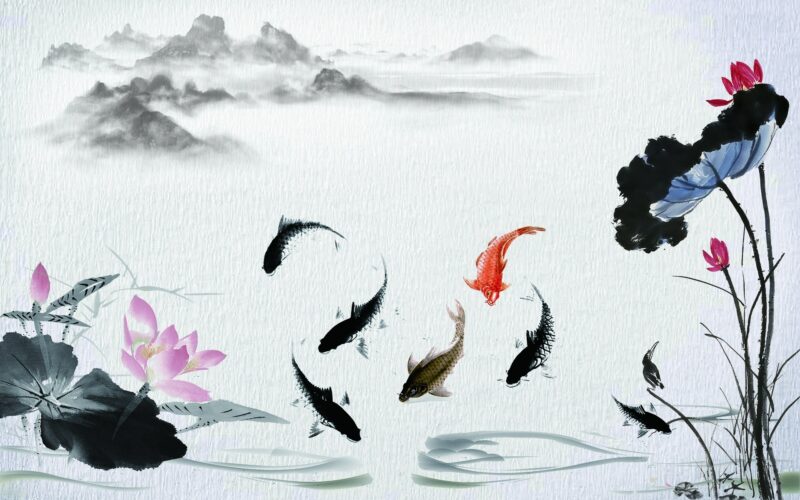 Hình ảnh cá chép và sen hồng