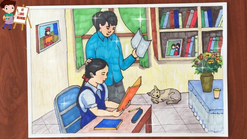 Hình vẽ mẹ và con gái đẹp đang học bài