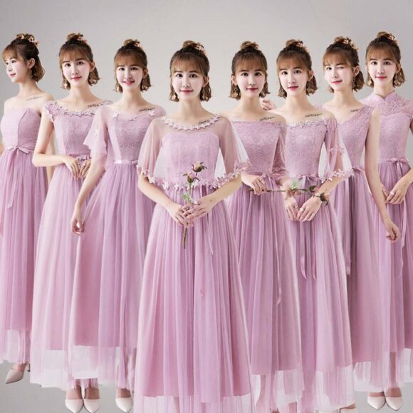 Mẫu váy phù dâu đẹp màu hồng dài