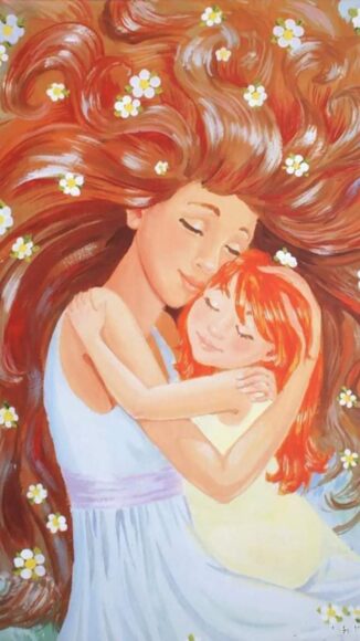 Tranh vẽ mẹ và con gái ôm nhau ngủ