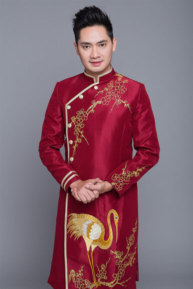 áo dài cách tân nam họa tiết hạc