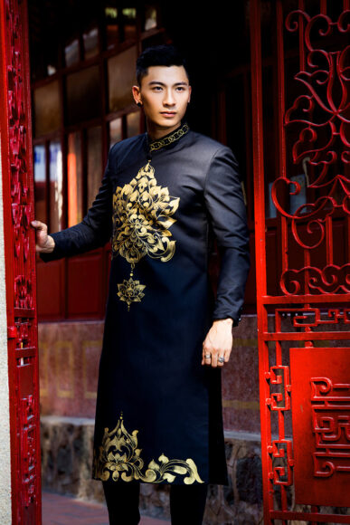 áo dài cách tân nam màu xanh đen