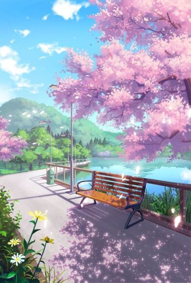 background anime dưới tán hoa anh đào
