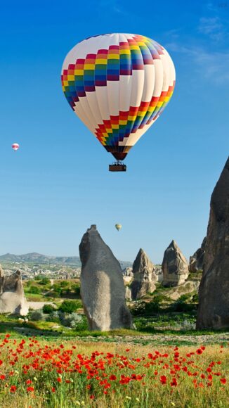 hình ảnh khinh khí cầu bên dưới là cánh đồng hoa