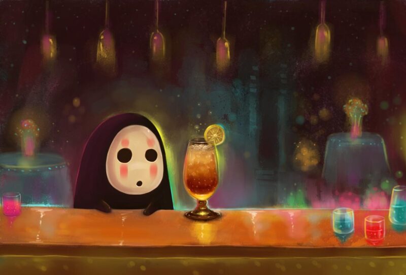 hình ma cute chibi ngồi uống nước ở quầy bar