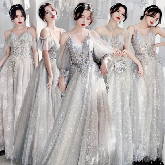 mẫu váy phù dâu đẹp màu bạc lấp lánh