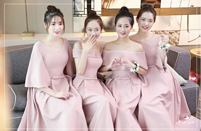 mẫu váy phù dâu đẹp màu hồng