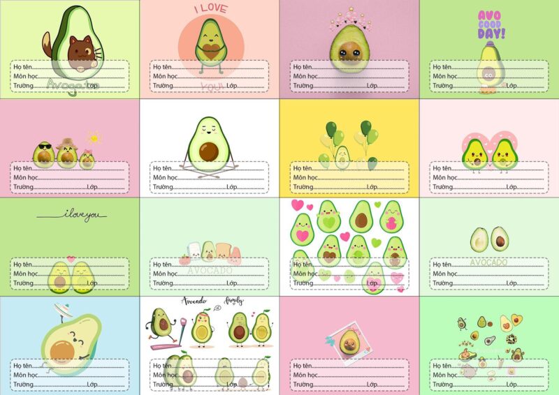 ảnh mẫu nhãn vở quả bơ xanh cute