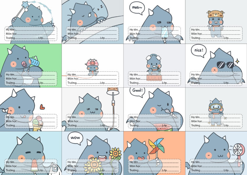 mẫu nhãn vở khủng long béo cute cho học sinh tiểu học