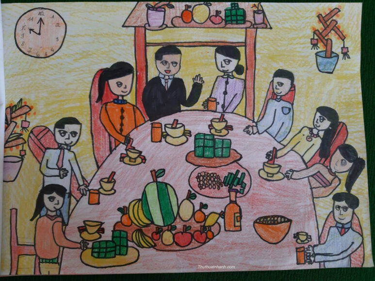 Vẽ tranh cuộc sống, sinh hoạt, vui chơi - cảnh bữa cơm gia đình ngày Tết