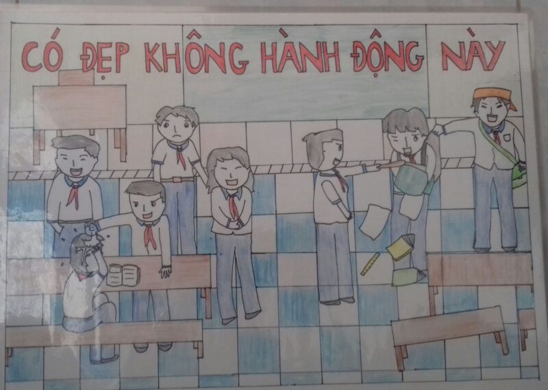 tranh vẽ bạo lực học đường vẽ lại cảnh bắt nạt