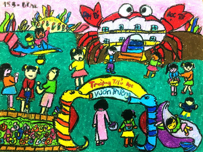 tranh vẽ chủ đề ngày hội sắc màu vườn trường xanh sạch đẹp