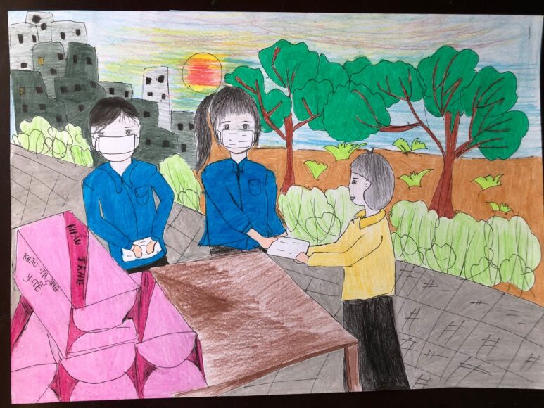 tranh vẽ đoàn thanh niên cộng sản Hồ Chí Minh chung tay giúp người dân bảo vệ sức khỏe bằng cách đeo khẩu trang