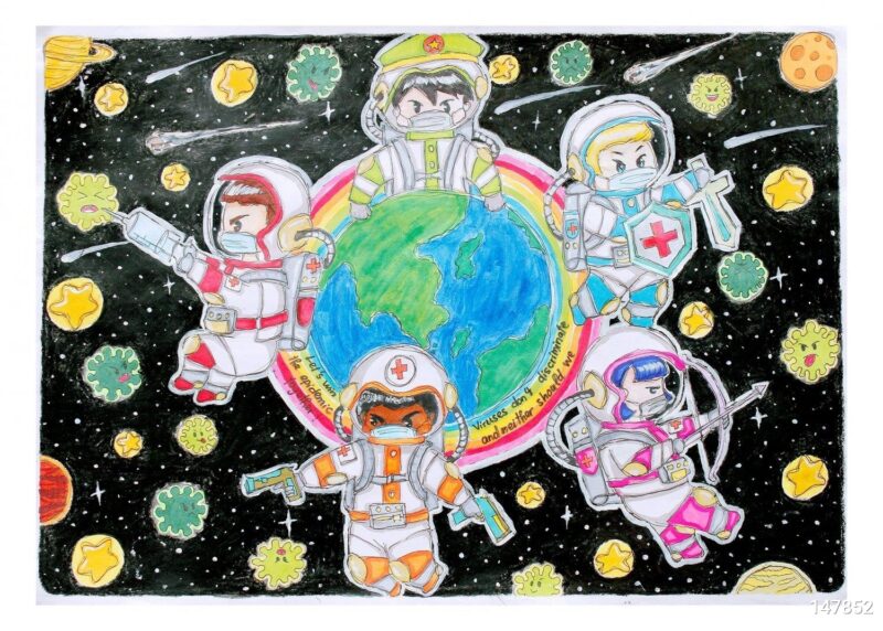 Vẽ tranh chủ đề ngày hội sắc màu mặc đồ bảo hộ chống covid