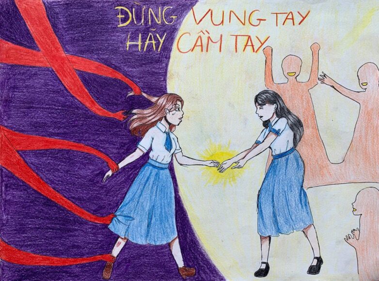 vẽ tranh đề tài bạo lực học đường cầm tay bạn giúp đỡ khi bạn có dấu hiệu bị bạo lực