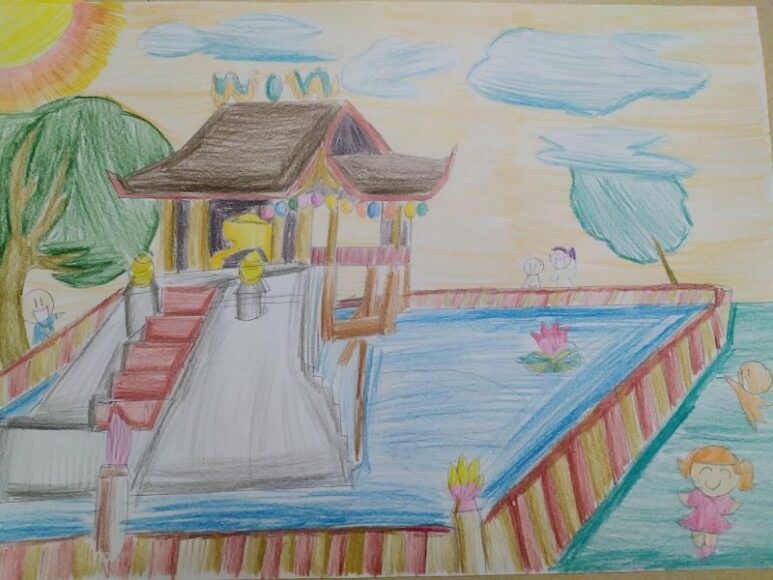 tranh vẽ danh lam thắng cảnh Hà Nội chùa một cột bằng sáp màu