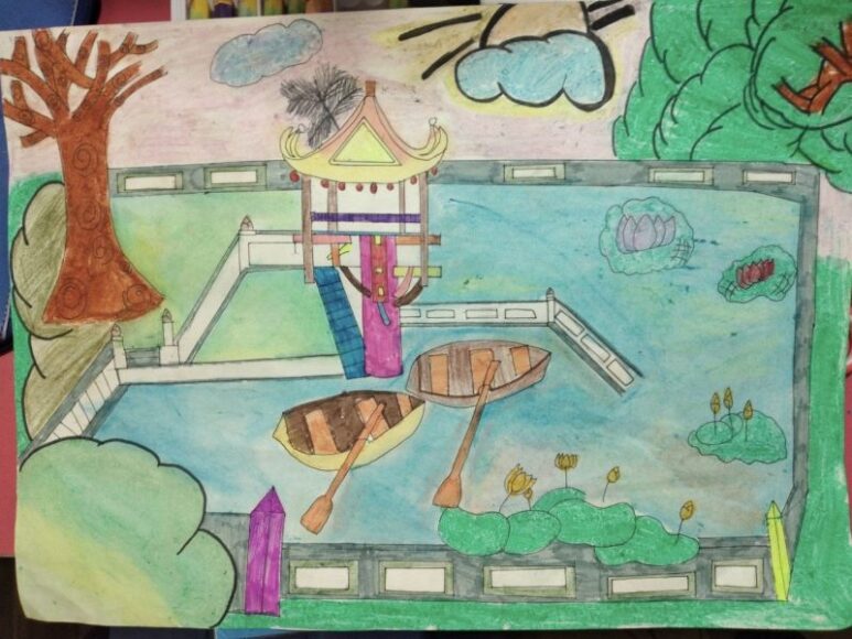 tranh vẽ danh lam thắng cảnh Hà Nội chùa một cột nhìn từ trên cao