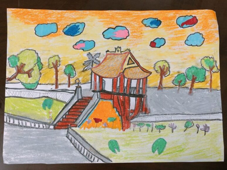 tranh vẽ danh lam thắng cảnh Hà Nội chùa một cột ráng chiều