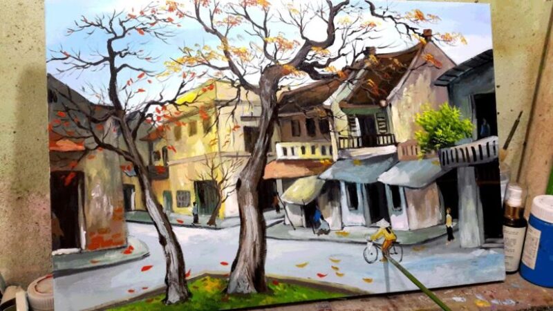 tranh vẽ danh lam thắng cảnh Hà Nội mùa thu lá vàng rơi
