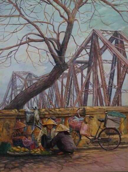 vẽ tranh danh lam thắng cảnh Hà Nội bán hàng rong gần cầu long biên