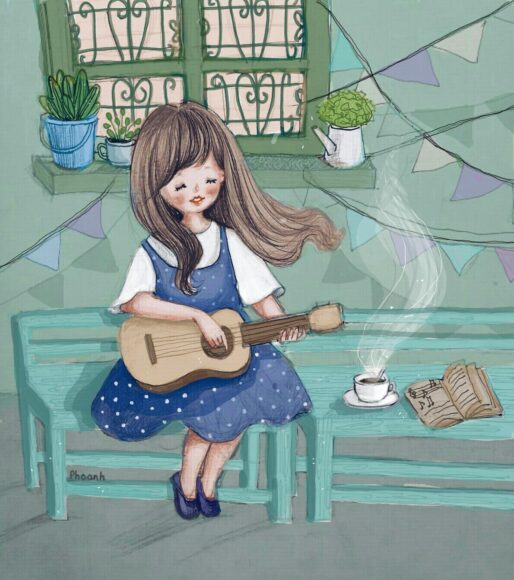 Cách vẽ cô gái ôm dàn