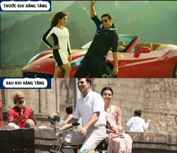 Hình ảnh đổ xăng chế về sự khác biệt trước và sau khi đổ xăng