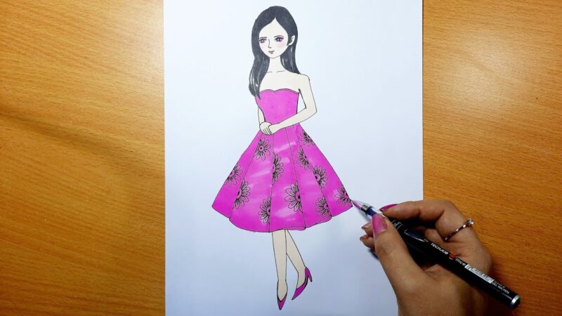Hình vẽ cô gái mặc váy màu hồng