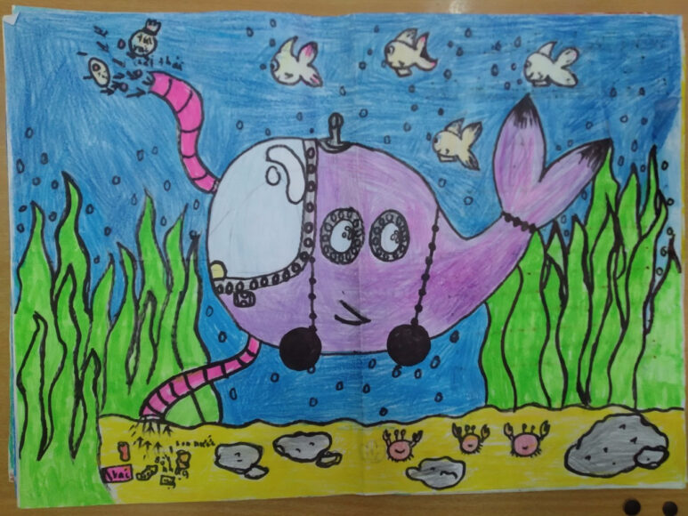 Vẽ tranh ý tưởng trẻ thơ máy dọn rác dưới biển