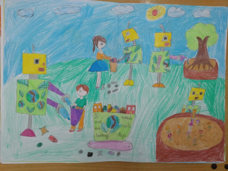 Vẽ tranh ý tưởng trẻ thơ robot làm việc