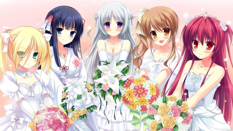 Ảnh anime nhóm bạn thân 5 người cùng mặc váy cưới