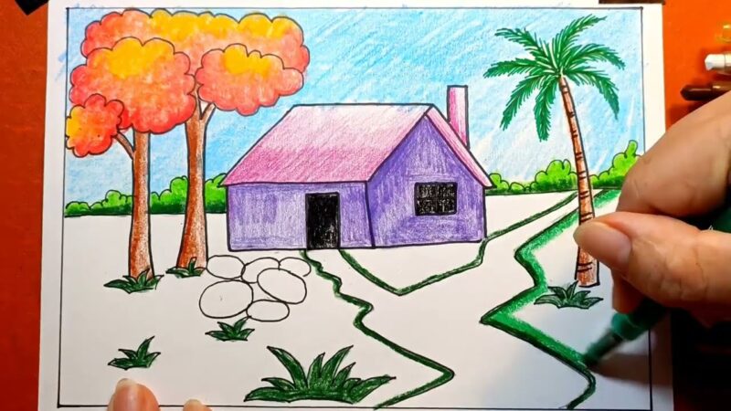 Cách vẽ ngôi nhà màu tím đẹp