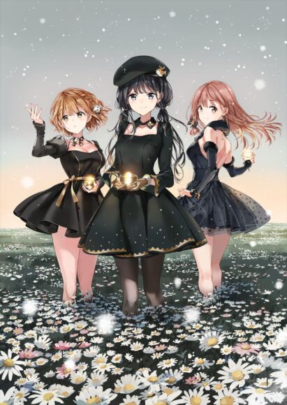 Hình anime nhóm bạn thân 3 người đứng chụp ảnh giữa vườn hoa