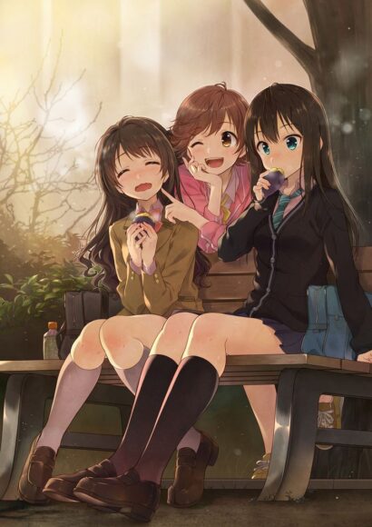 Hình anime nhóm ngồi trên ghế cười đùa vui vẻ
