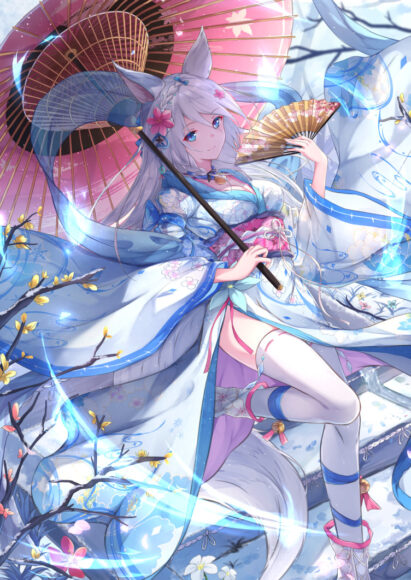 Hình hồ ly anime tay cầm quạt