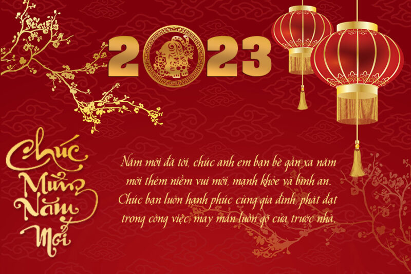 Thiệp chúc mừng năm mới Tết 2023 Quý Mão chào xuân màu đỏ