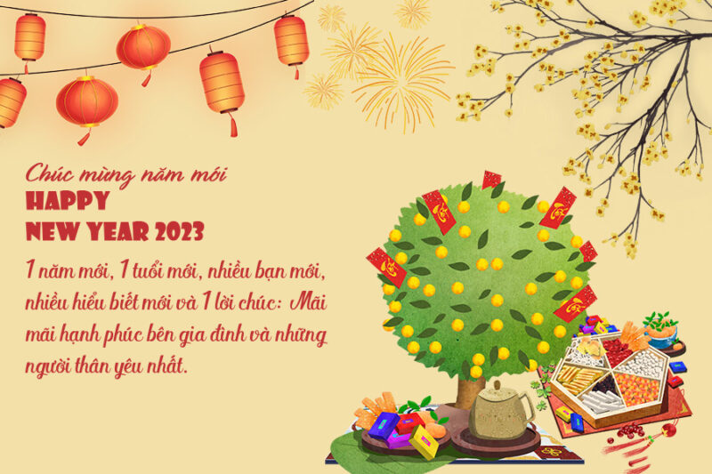 Thiệp chúc mừng năm mới Tết 2023 Quý Mão đẹp màu vàng nhạt