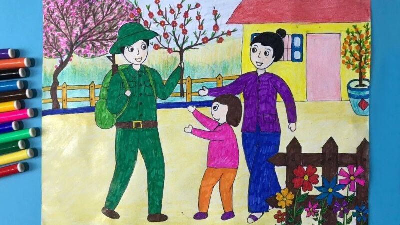 Vẽ tranh 22 12 bộ đội về quê đón Tết cùng gia đình