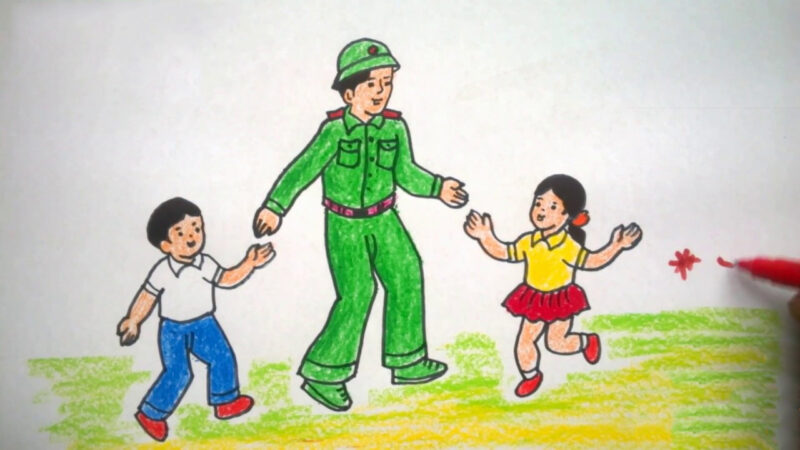 Vẽ tranh 22 12 chú bộ đội vui chơi cùng các em thiếu nhi